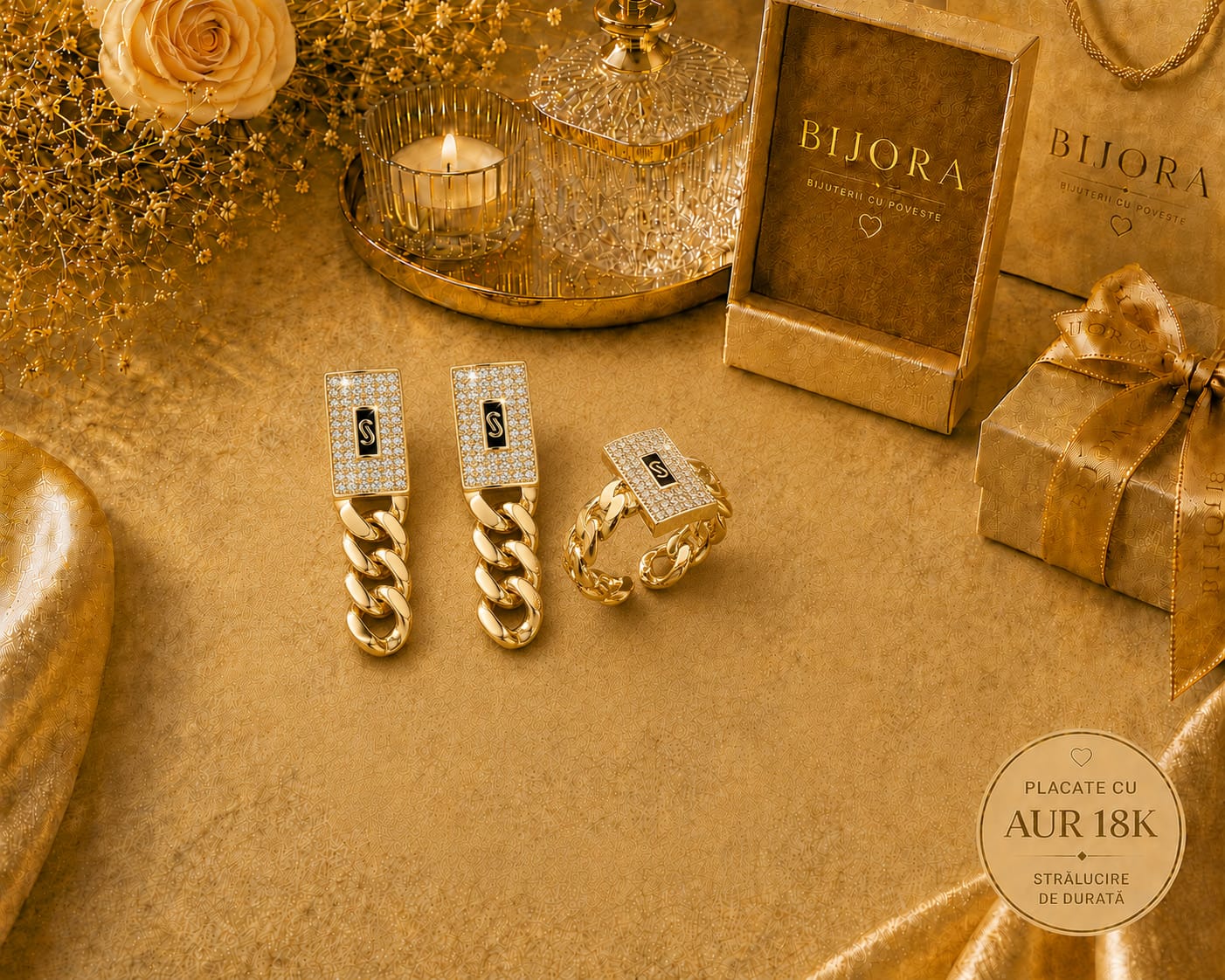 Set Monaco Cuban Gold – Cercei & Inel Placate cu Aur 18K