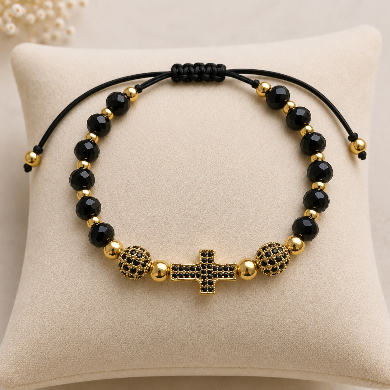 Brățară reglabilă Faith Onix - Placată cu Aur 18K