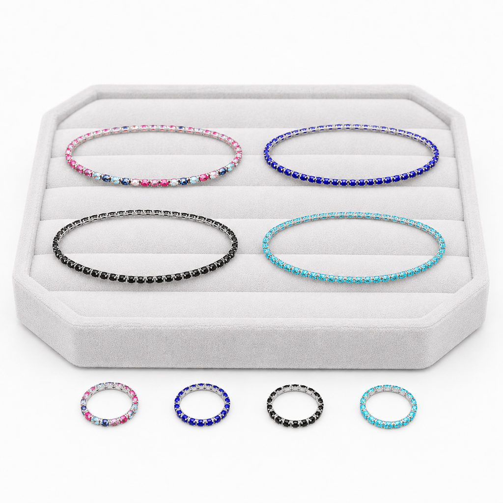 SET Tenis 4 Brățări + 4 Inele Elastice Placate cu Rodiu