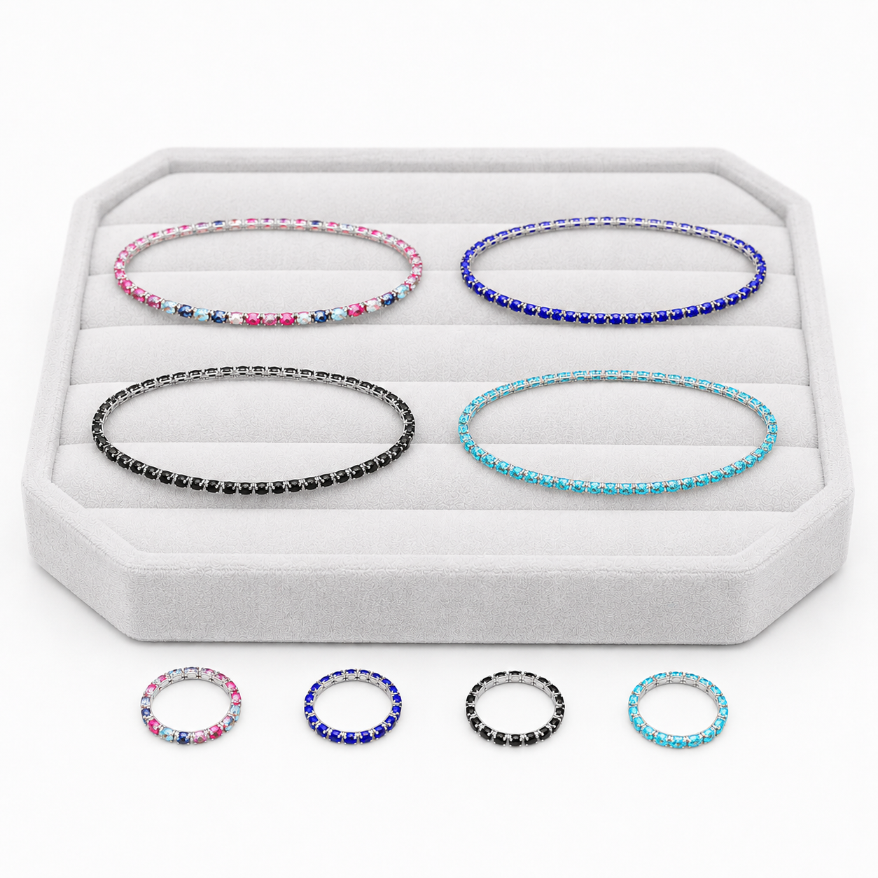 SET Tenis 4 Brățări + 4 Inele Elastice Placate cu Rodiu