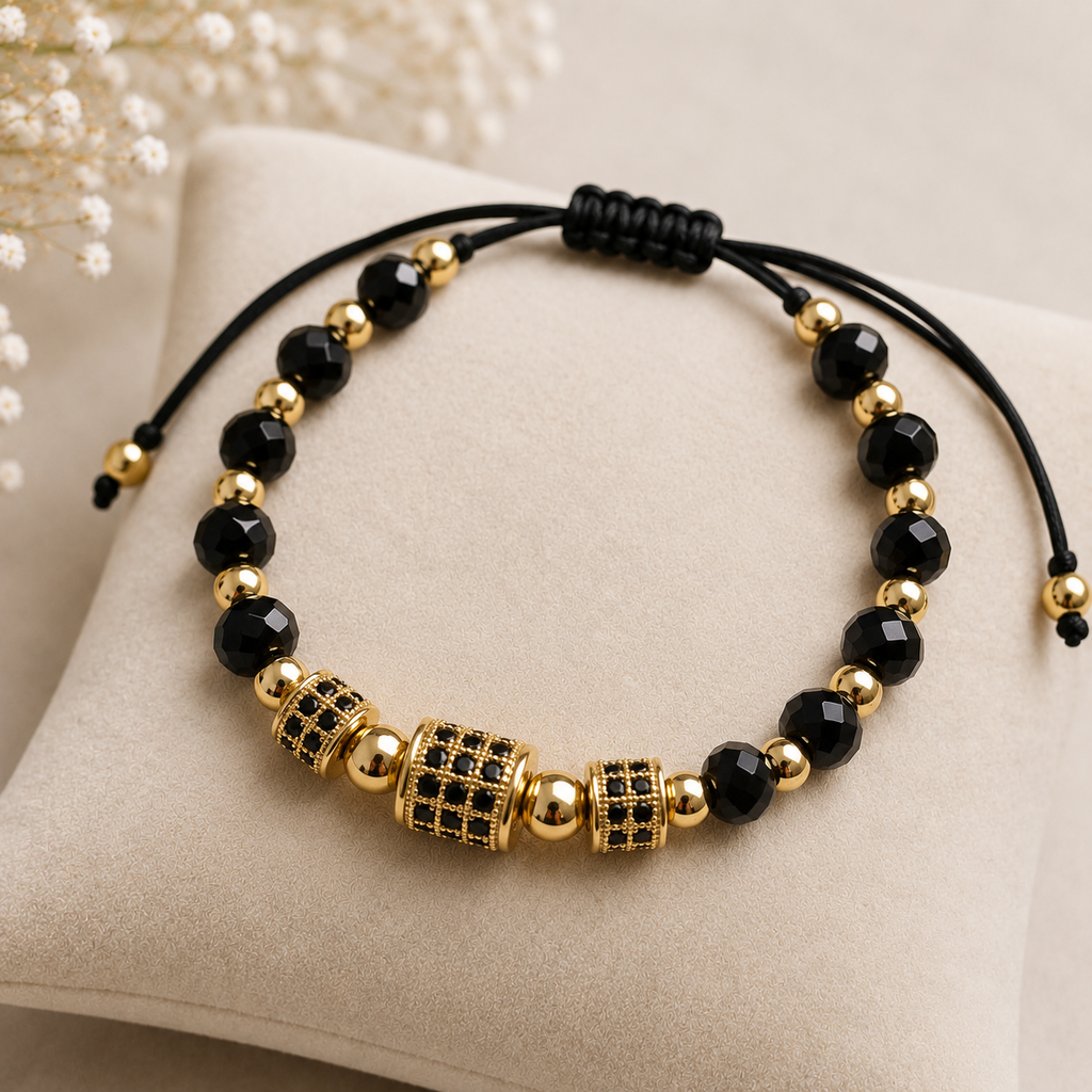 Brățară Reglabilă Cylin Onix - Placată cu Aur 18K
