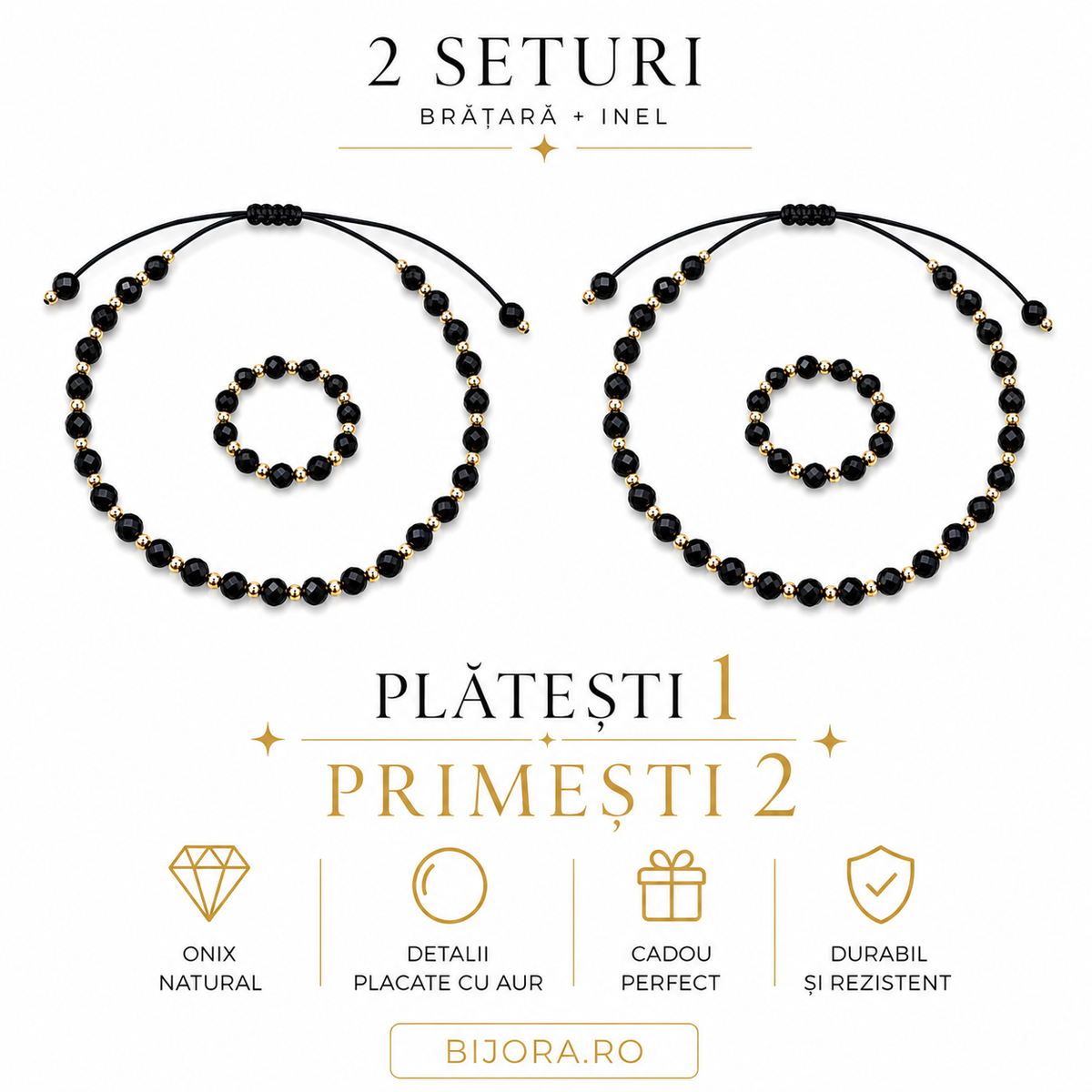 Set 2 Brățări + 2 Inele Black Luxury – Placate cu Aur 18K