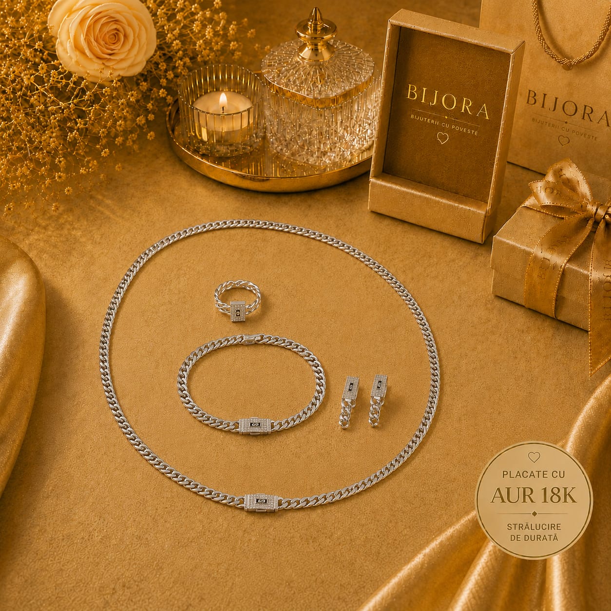 Set Complet Monaco Cuban Silver – Placat cu Aur Alb 18K